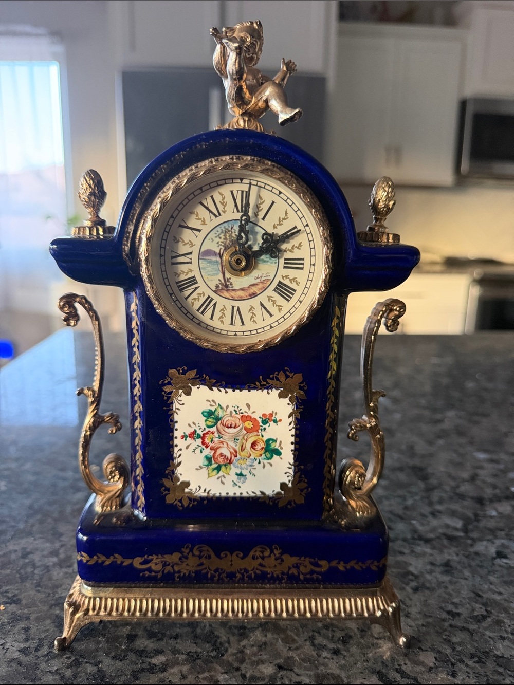 Vintage Limoges porcelain colbalt blue mantle clock in working condition